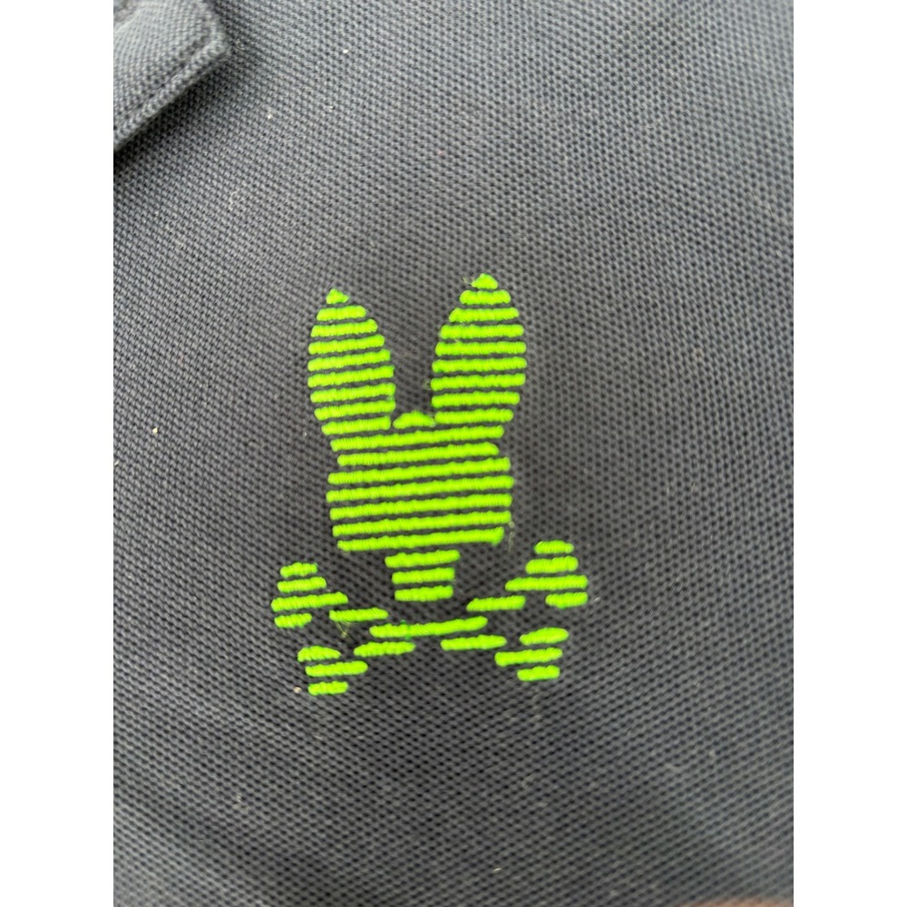 Psycho Bunny Mens Navy Blue Polo Shirt Neon Green Trim Embroidered Logo Size 8 - Picture 2 of 6